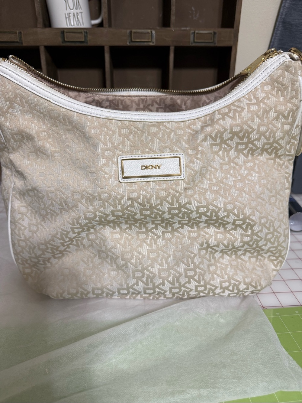 DKNY Beige Monogram Hobo Shoulder Bag with White Trim